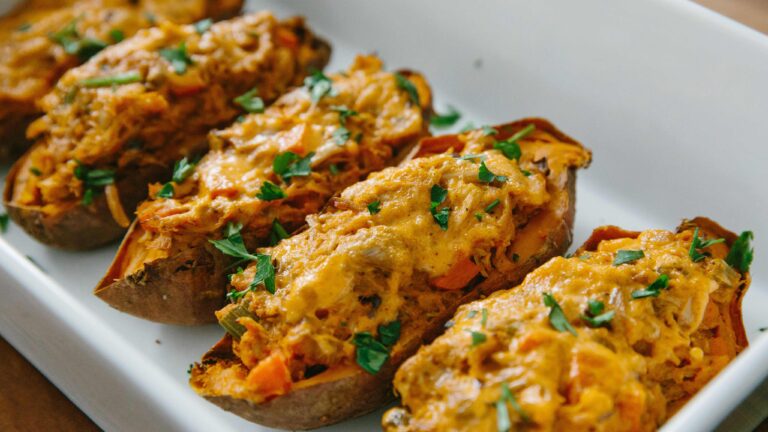 Buffalo Chicken Stuffed Sweet Potatoes